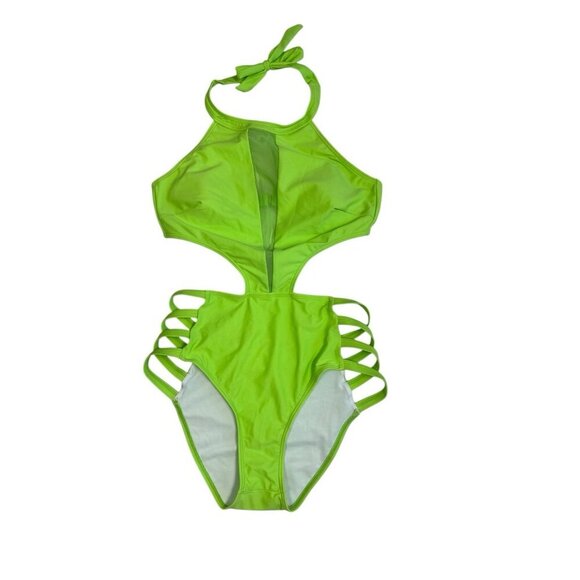 Women's M Cut Out One-Piece Halter Swimsuit Neon Green NWT - Picture 3 of 16